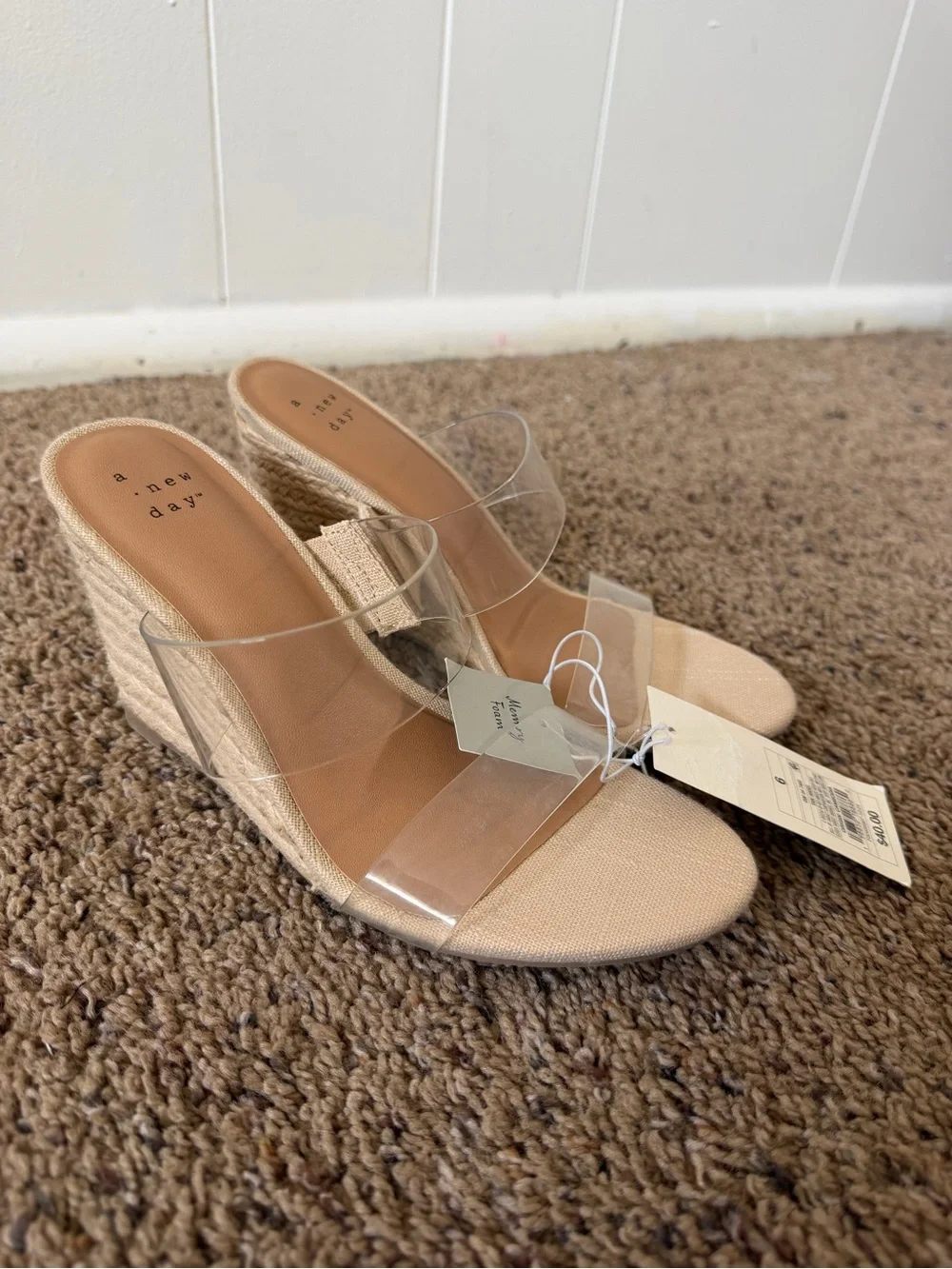 A New Day Clear Strap Espadrille Wedge Sandals Nude Beige Size 6 NWT